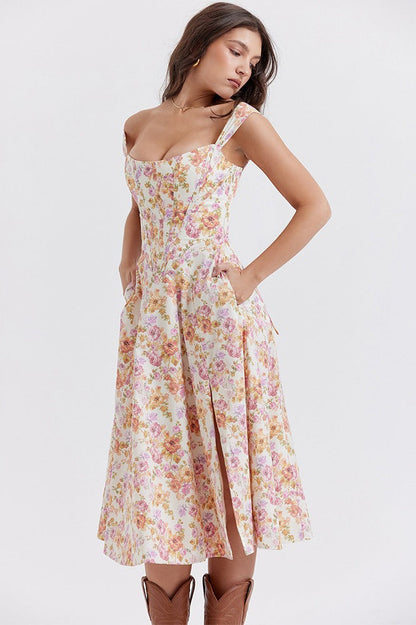 Thick Strap Sweetheart Corset Bodice Ditsy Floral Print A-Line Midi Dress