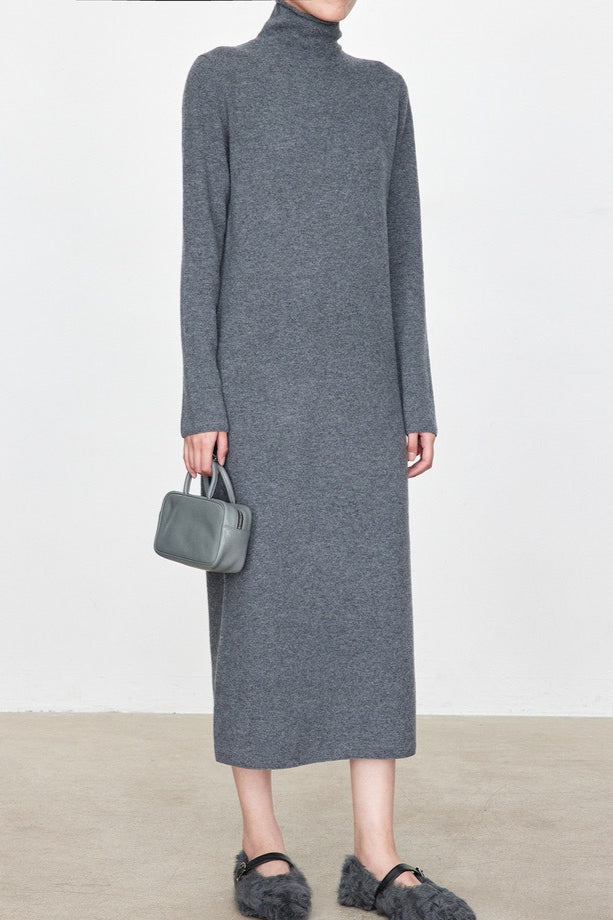 Turtleneck Long Sleeve Column Belted Knit Maxi Dress