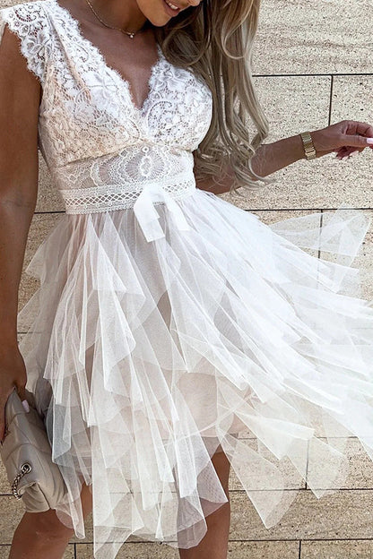 Lace V-Neck Flutter Cap Sleeve Bow Waist Tiered Tulle Ruffle Mini Dress
