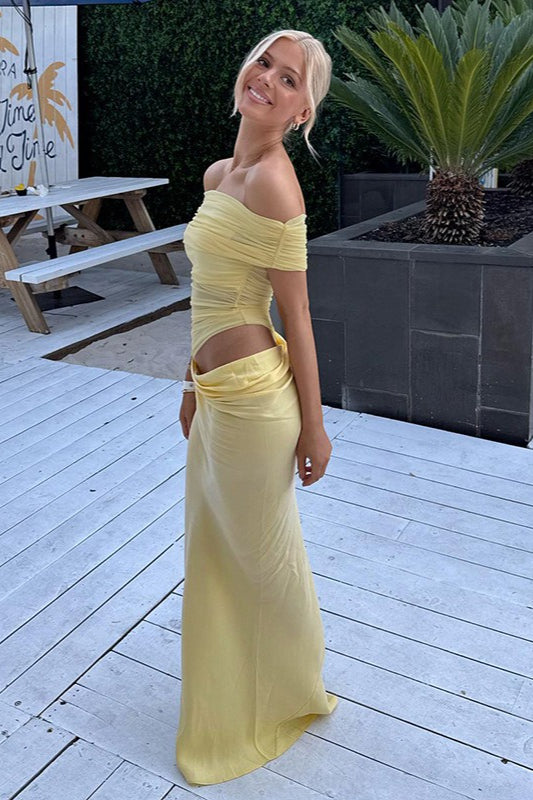 | Off-the-Shoulder Ruched Tulle Maxi Dress