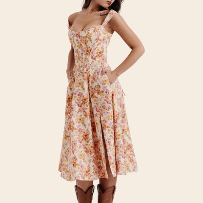 Low Cut A-Line Slit Floral Dress