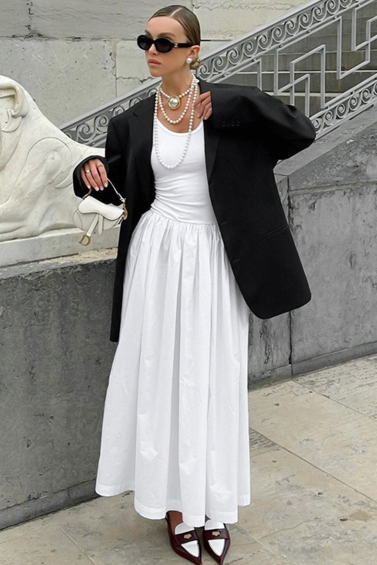 Scoop Neck Sleeveless Fitted Tank Pleated Maxi Skirt Set