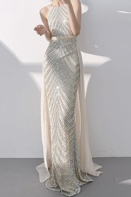 Halter Neck Chevron Sequin Mermaid Maxi Gown