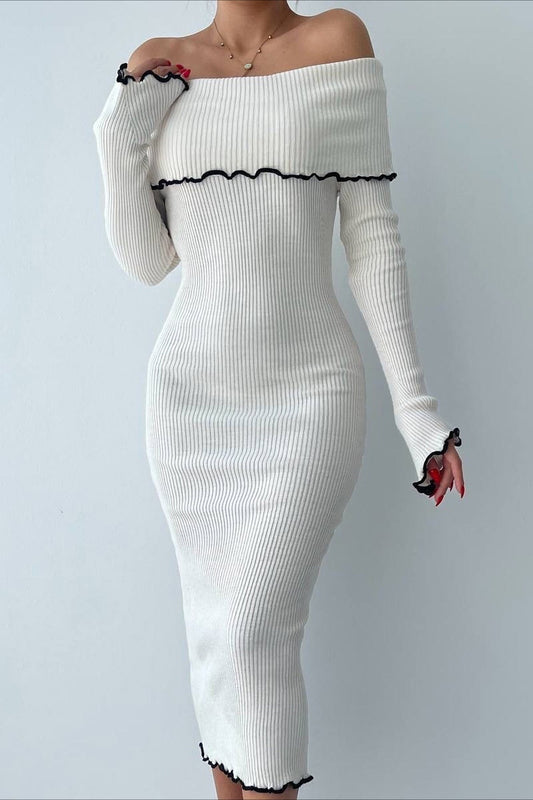 Ribbed Off Shoulder Color Block Knit Sweater Dress