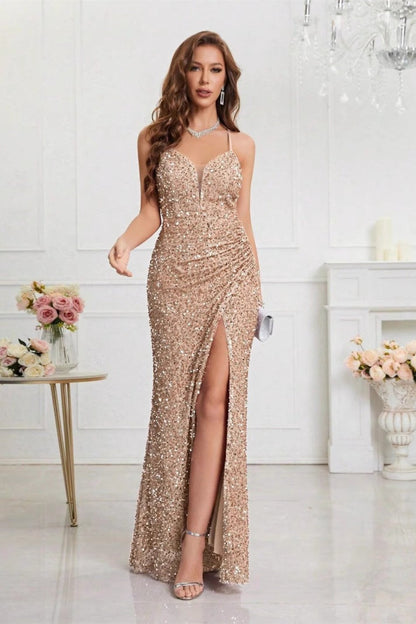 V Neck Slit Sequin Slip Prom Dress
