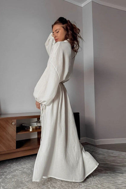 | Cotton Cutout Tie Waist Long Sleeve Maxi Dress
