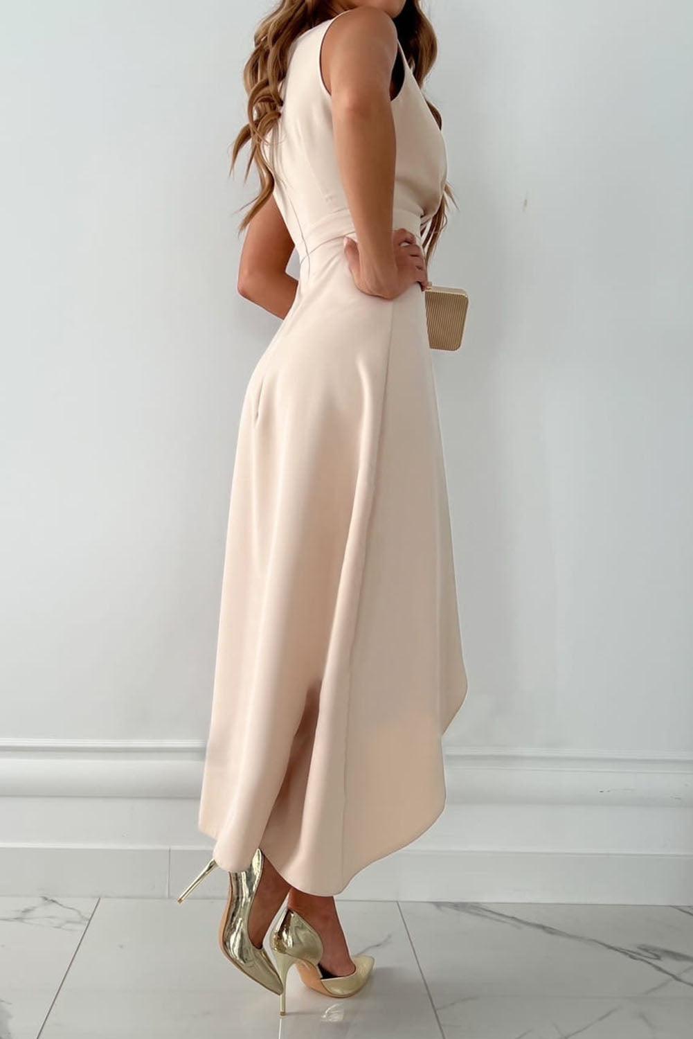 Satin Wrap V-Neck Ruched Waist Cascade Ruffle High Low Midi Dress