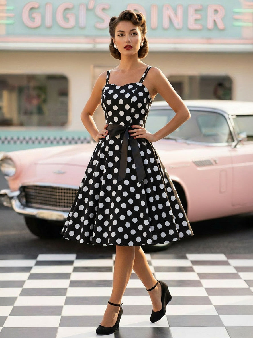Polka Dot Vintage Midi Swing Dress for Women - 1950s A-Line Belted Rockabilly Slip Sun Dress - Summer Holiday Party 2026