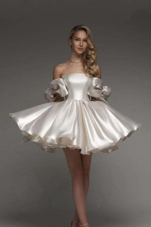 Strapless Puff Shoulder Ruffle Satin Pleated Cupcake Mini Dress