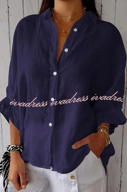 Linen Blend Solid Color Tie Back Loose Shirt Top