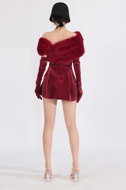 Velvet Strapless Crystal Brooch Peplum Faux Fur Wrap Mini Dress