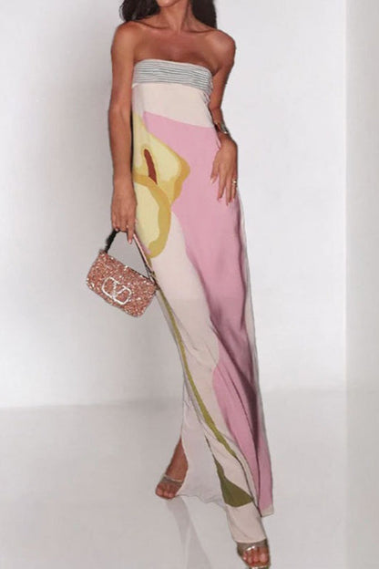 Strapless Bandeau Abstract Floral Print Column Maxi Dress