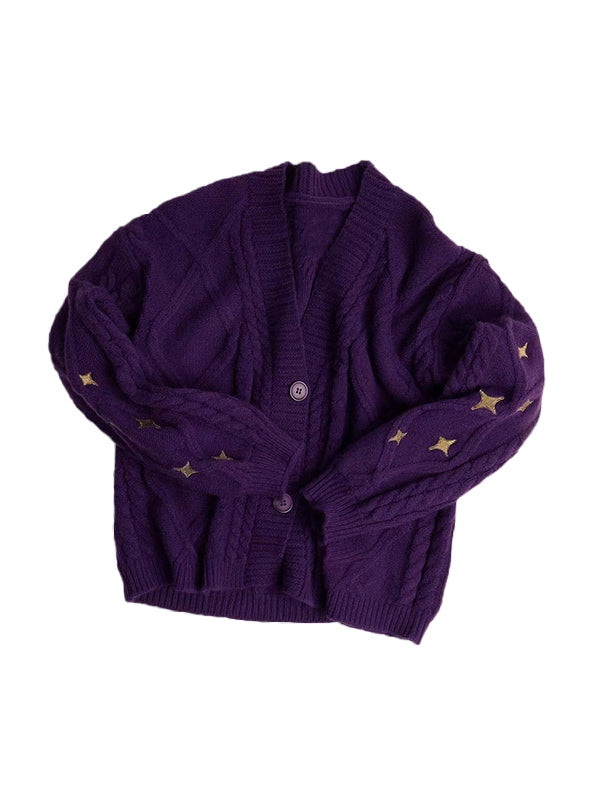 Star Embroidered Print Cable Knit V Neck Cardigan