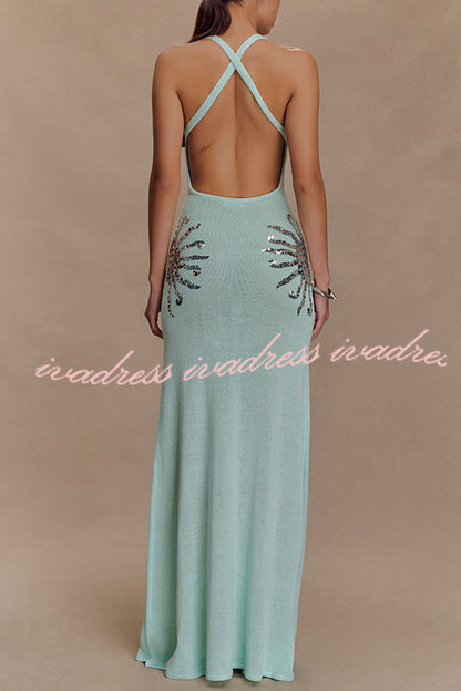 Sparkling Nights Knit Sunburst Sequin Detail Back Cross Straps Stretch Maxi Dress
