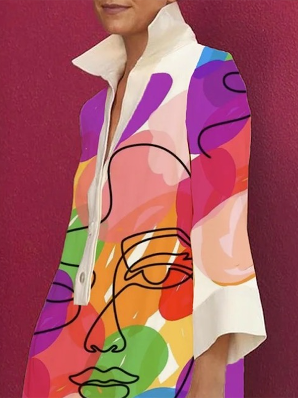 Abstract Art Print Collar Button Front Three-Quarter Sleeve Shift Mini Dress