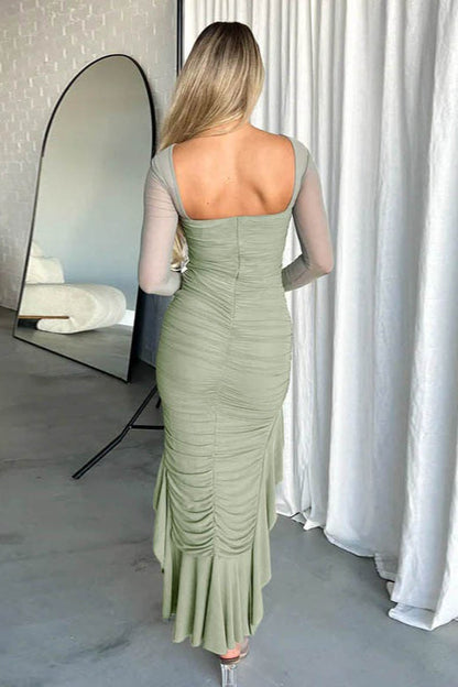 Crew Neck Mesh Long Sleeve Ruched Asymmetric Ruffle Hem Midi Dress