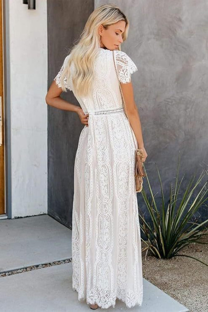 V-Neck Flutter Sleeve Ladder-Trim Lace Boho Maxi Dress