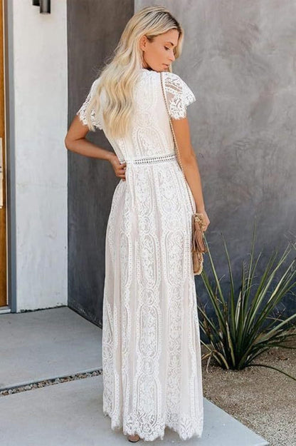 V-Neck Flutter Sleeve Ladder-Trim Lace Boho Maxi Dress