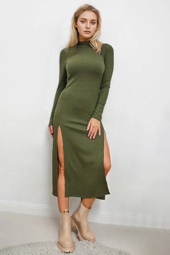 Rib Knit Mock Neck Long Sleeve Double Side Slit Bodycon Maxi Dress