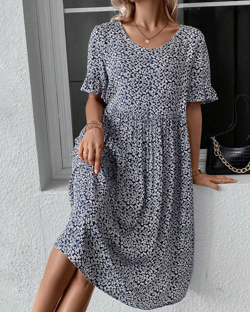 Ditsy Floral Round Neck Flounce Sleeve Tiered Smock Midi Dress