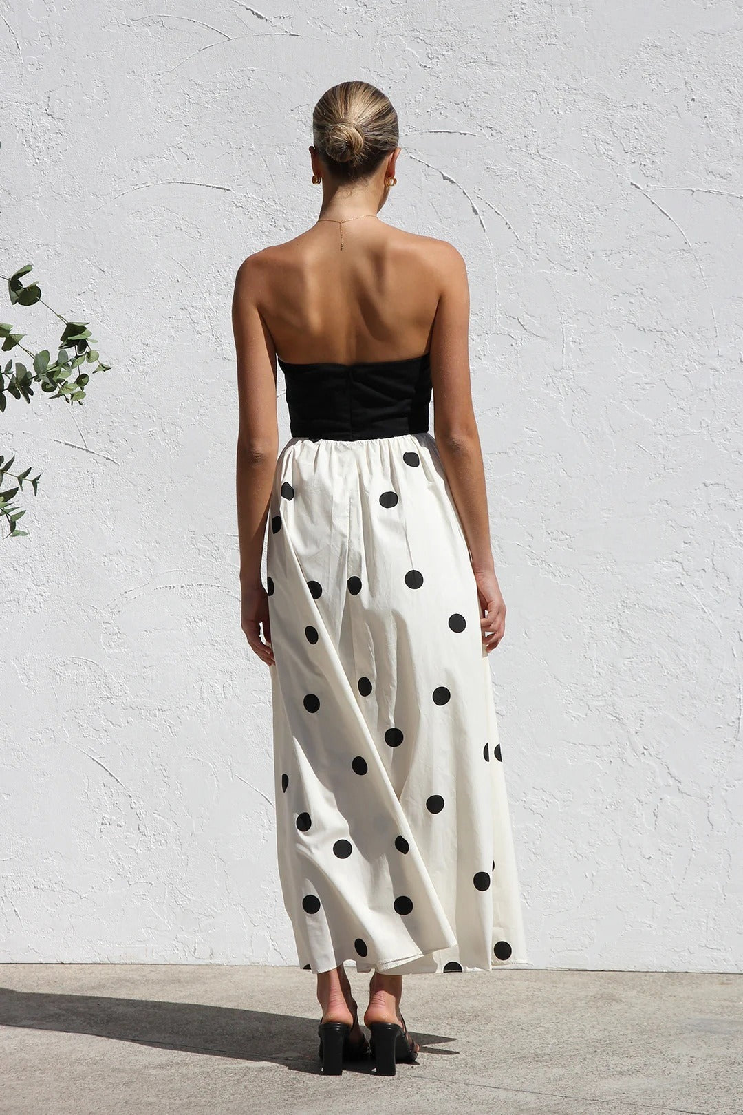 Polka Dot Strapless Bandeau Bodice Gathered Full Skirt A-Line Maxi Dress