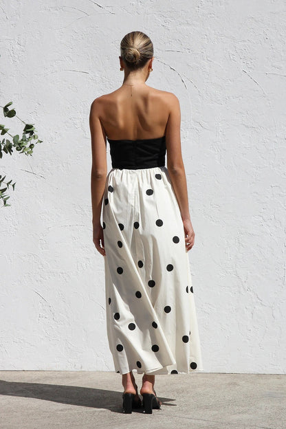 Polka Dot Strapless Bandeau Bodice Gathered Full Skirt A-Line Maxi Dress