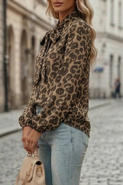 Leopard Print Bow Collar Long-sleeved Loose Shirt