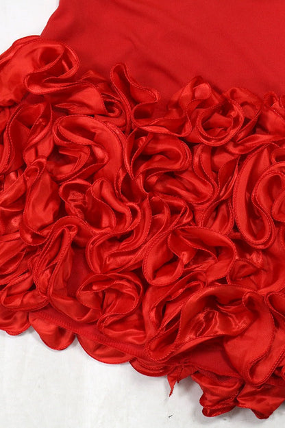 Spaghetti Strap Plunge V-Neck 3D Rosette Ruffle Mini Dress