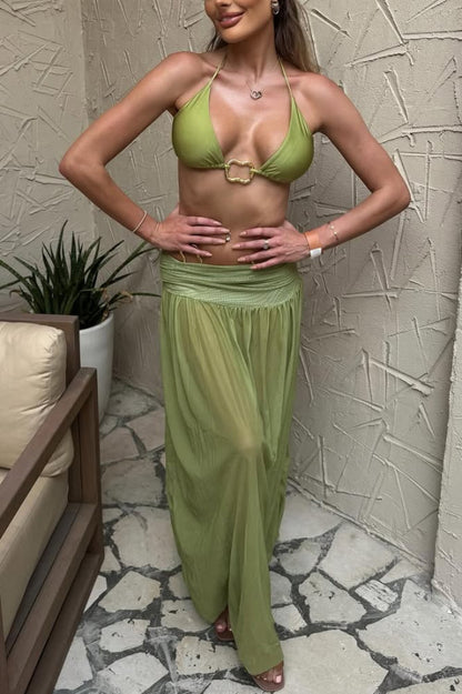 Stylish Halter Neck Tie Stretch Bikini Swimsuit and Tulle Pleated Maxi Skirt Three-piece Set
