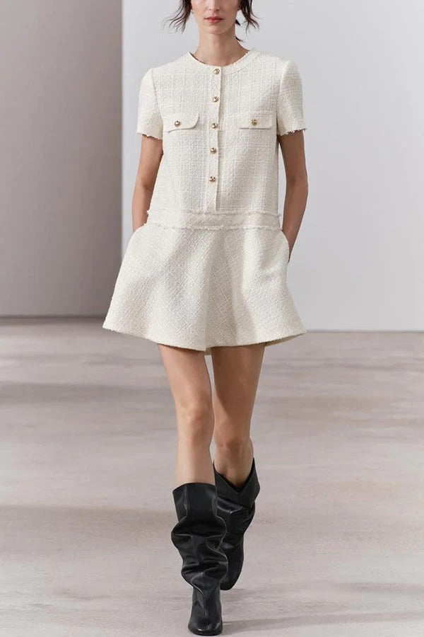 Metal Button Short Sleeve Round Neck Tweed Fit-and-Flare Mini Dress