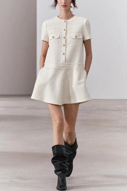 Metal Button Short Sleeve Round Neck Tweed Fit-and-Flare Mini Dress