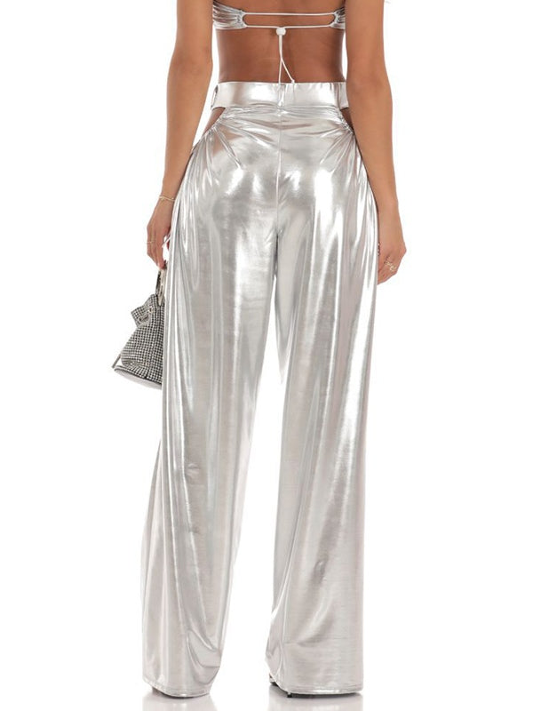 Metallic Cutout Drawstring Wide Leg Pants