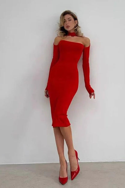 Choker Neck Long Sleeve Shoulder Cut Out Bodycon Midi Dress