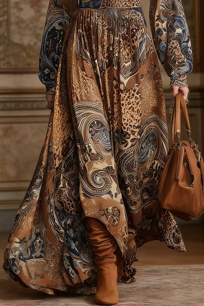 Bohemian Style Unique Printed Long-sleeved Fitted Waist Vacation Maxi Dress
