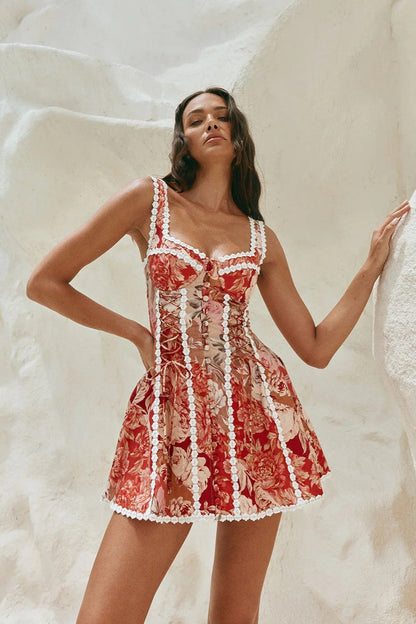 Sweetheart Neck Lace Up Corset Floral Print Button Front Mini Dress