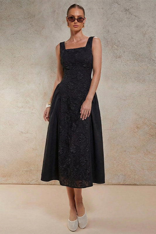 Square Neck Sleeveless Floral Embroidered Center Panel A-Line Midi Dress