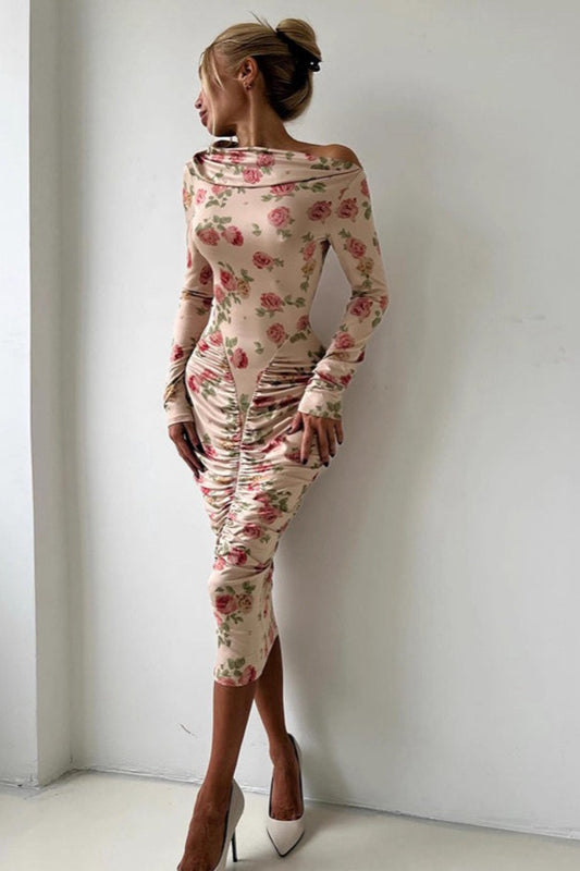 Asymmetrical Neck Ruched Midi Dress