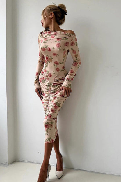 Cowl Neck Off Shoulder Long Sleeve Floral Print Ruched Bodycon Midi Dress