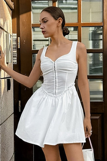 Scoop Neck Front Zip Ruched Bust Wide Strap Dropped Waist Flare Mini Dress