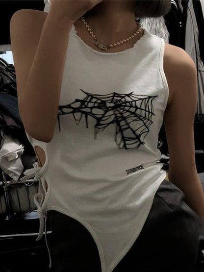 Spider Web Print Cutout Lace Up Tank Top