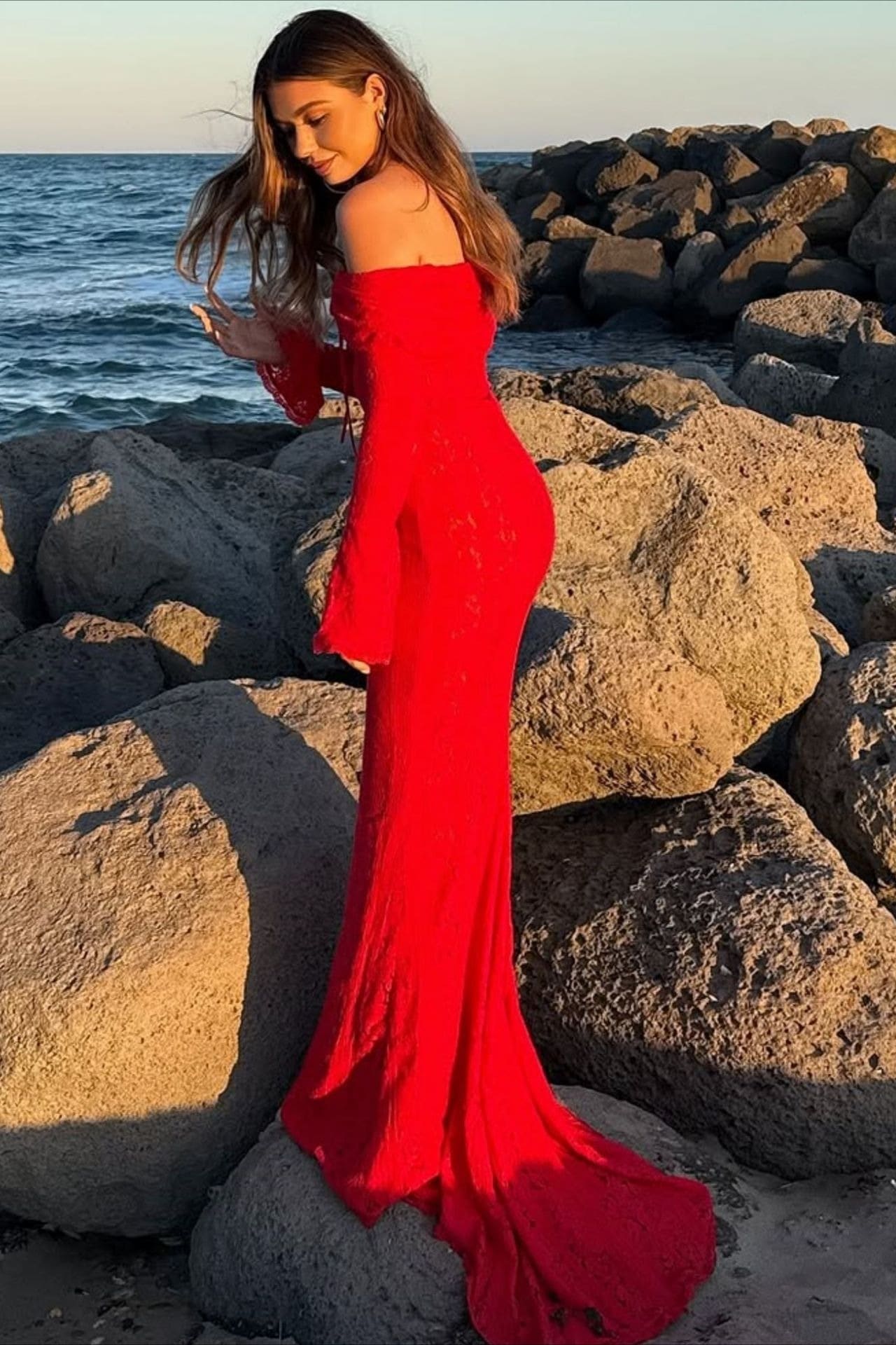 | Off Shoulder Lace Flare Sleeve Fitted Maxi Dress
