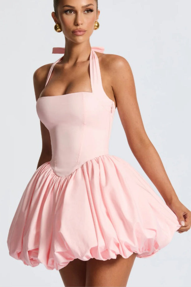 Halter Bow Back Corset Basque Waist Bubble Hem Mini Dress