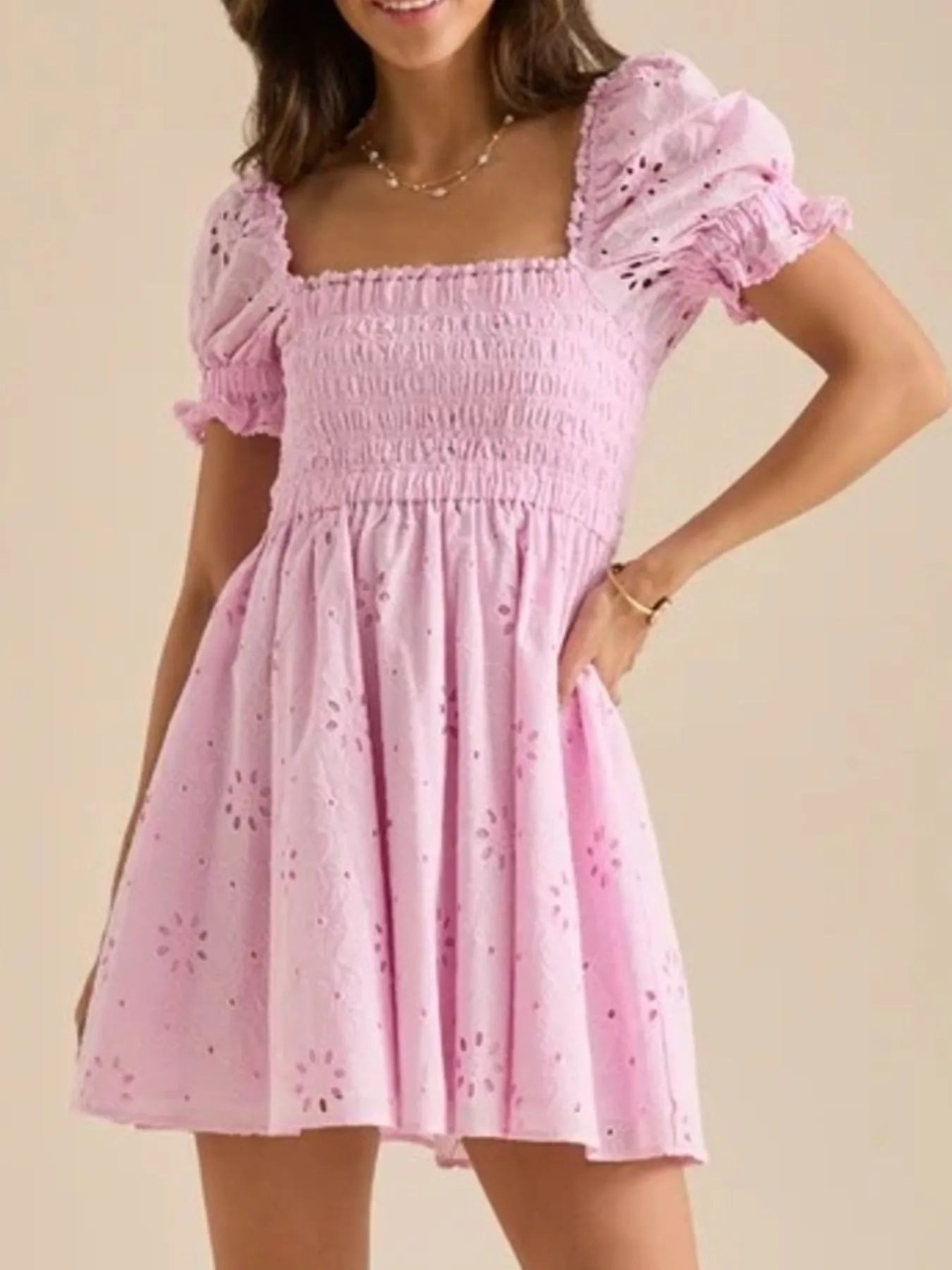 Eyelet Broderie Anglaise Smocked Square Neck Puff Sleeve Babydoll Mini Dress