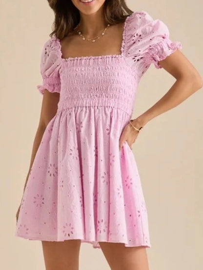 Eyelet Broderie Anglaise Smocked Square Neck Puff Sleeve Babydoll Mini Dress