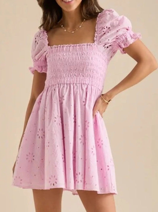Eyelet Broderie Anglaise Smocked Square Neck Puff Sleeve Babydoll Mini Dress