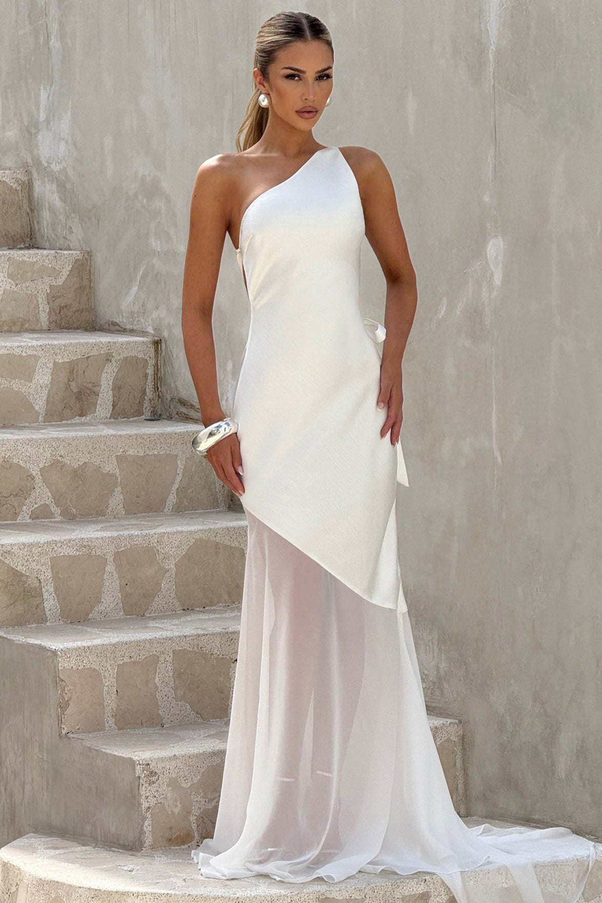 | One Shoulder Sleeveless Backless Mesh Maxi Dress