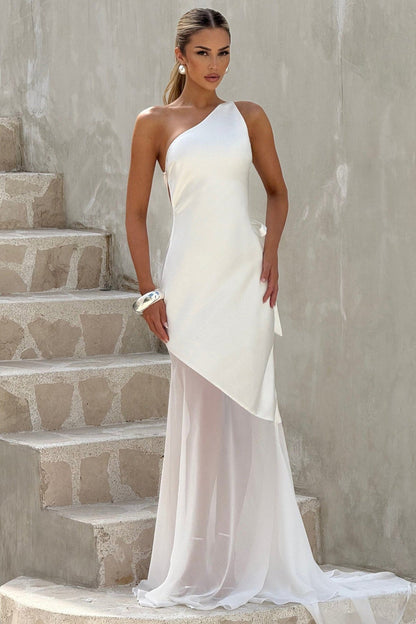 | One Shoulder Sleeveless Backless Mesh Maxi Dress