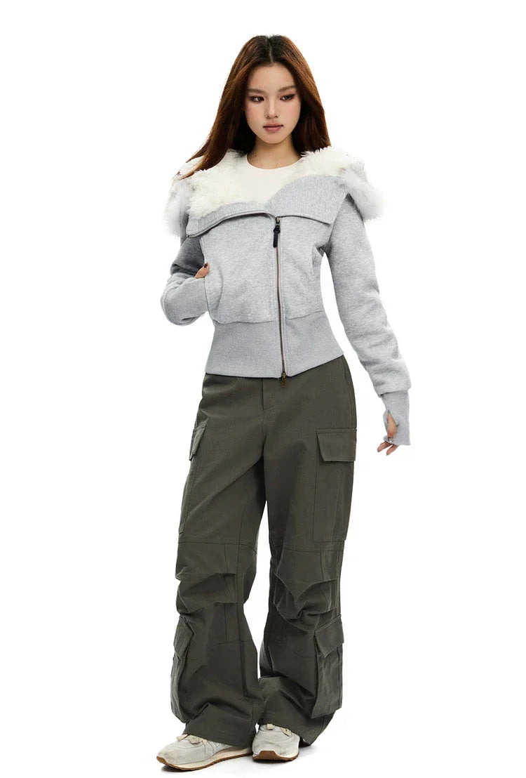 Fleece-Lined Hooded Fur-Collar Zip Short Jacket