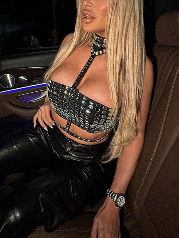 Rhinestone Decor Tie Up Backless Halter Vest
