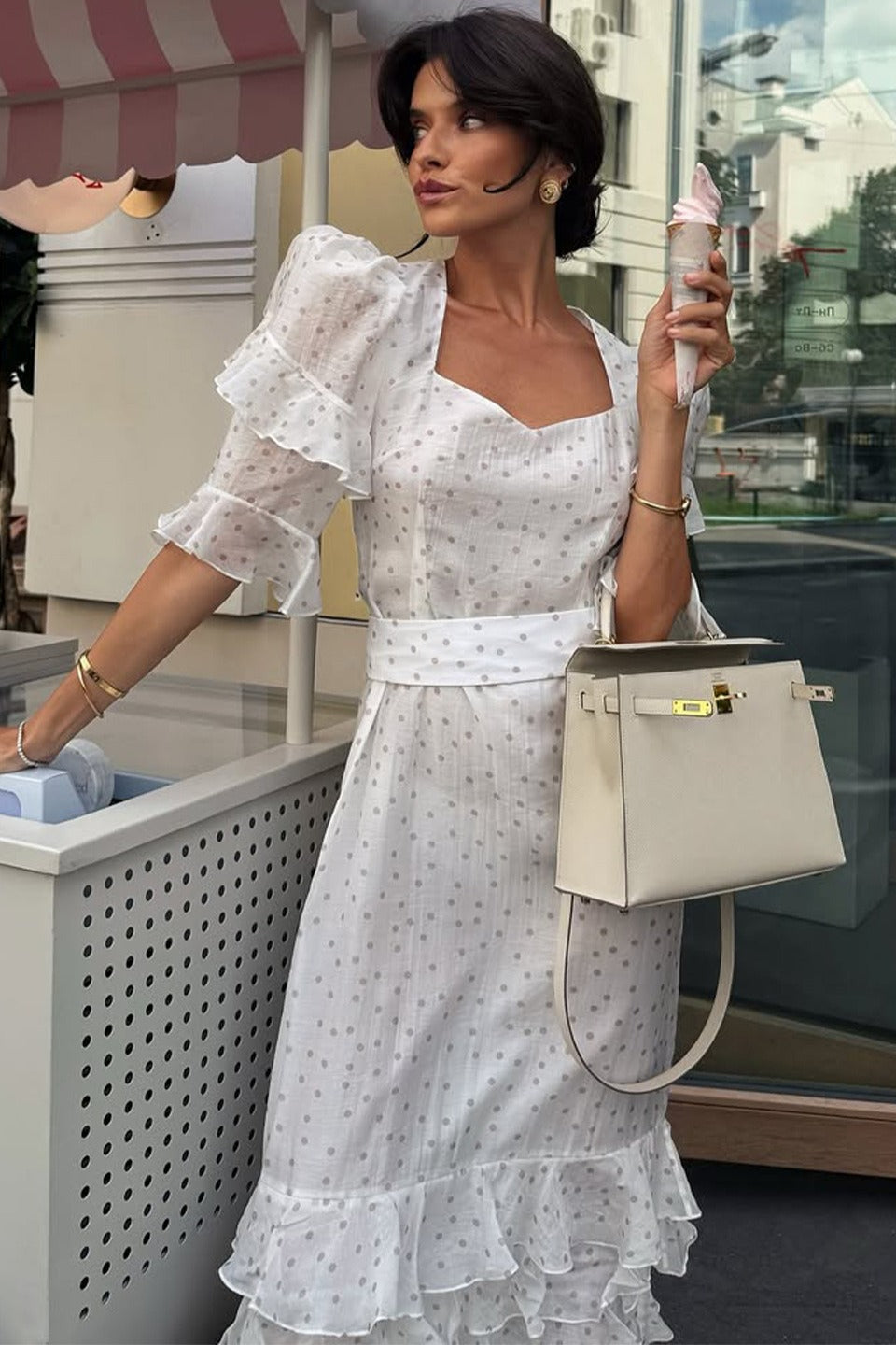 Polka Dot Tiered Ruffle Long Sleeve Cinched Waist Maxi Dress